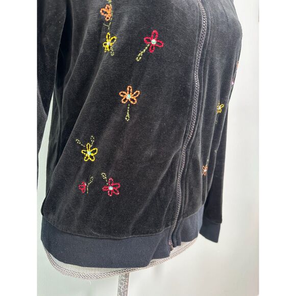 Vintage Y2K Black Velour Floral Embroidered Track Jacket Hoodie size M/L - Picture 6 of 9